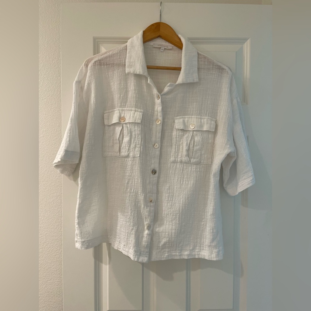 OLIVACEOUS Women's White Cotton Gauze Short Sleeve Button Down Top Size S